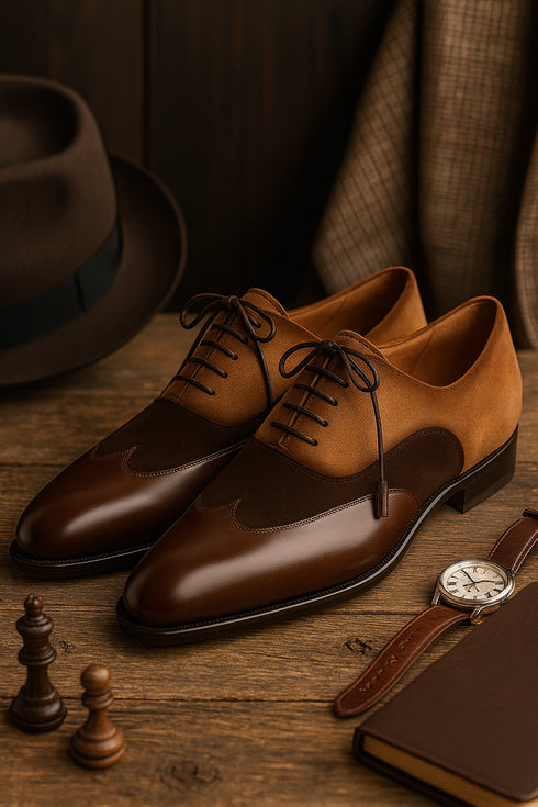 Men Brown and Cognac Suede Wing Tip Oxford By Mezlan Made In Spain Brand