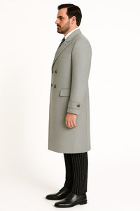 Mens Light Gray Double-Breasted Wool Overcoat – Classic Long Dress Coat for Winter