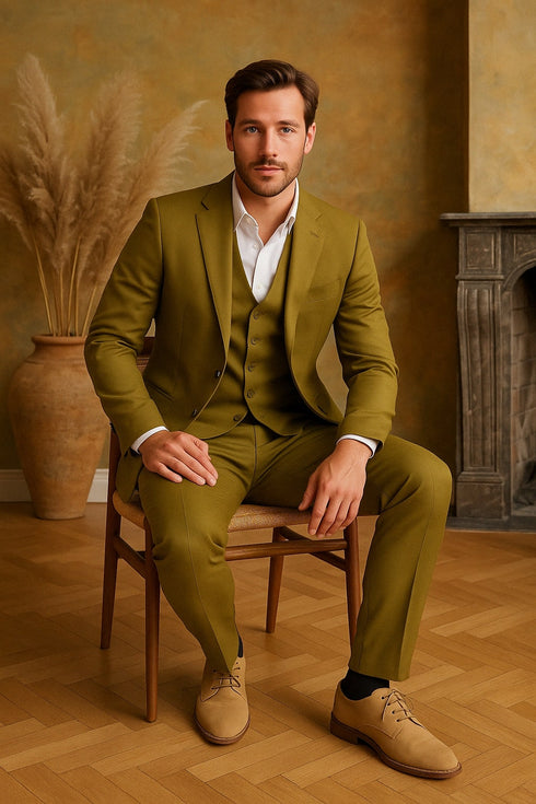 Mens Light Olive Green Linen Suit Three-Piece Style – Formal Suit with Vest and Flat Front Pants