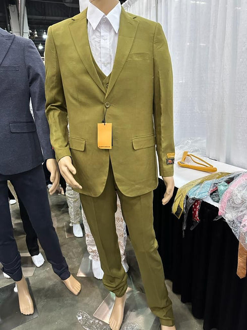 Mens Light Olive Green Linen Suit Three-Piece Style – Formal Suit with Vest and Flat Front Pants