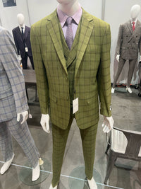 Mens Light Olive Green Three-Piece Plaid Suit with Notch Lapel - Sage Green Windowpane Pattern