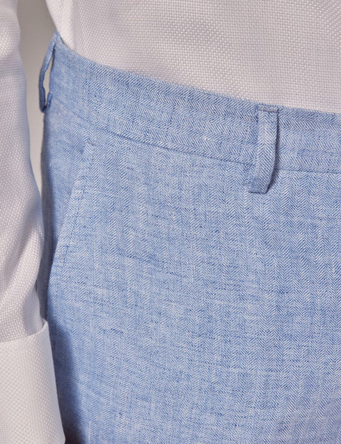 Mens Linen Suit For Beach Wedding - Summer Suit in Light Blue Herringbone