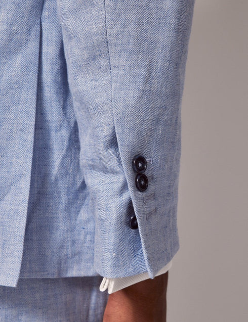 Mens Linen Suit For Beach Wedding - Summer Suit in Light Blue Herringbone