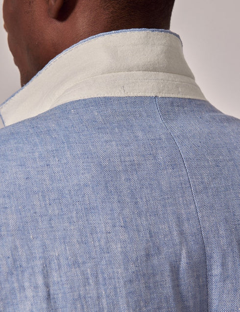 Mens Linen Suit For Beach Wedding - Summer Suit in Light Blue Herringbone
