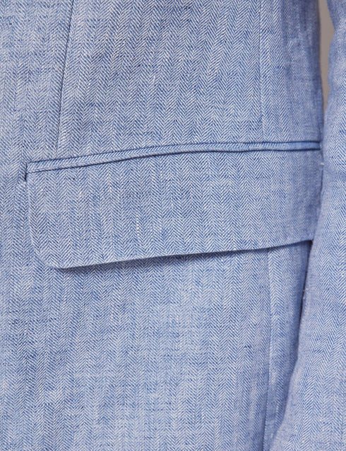 Mens Linen Suit For Beach Wedding - Summer Suit in Light Blue Herringbone