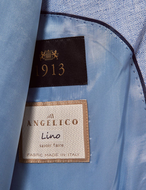 Mens Linen Suit For Beach Wedding - Summer Suit in Light Blue Herringbone