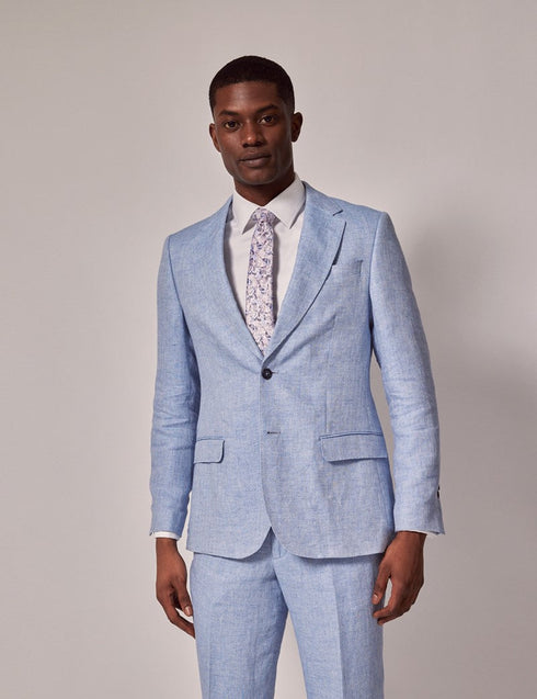 Mens Linen Suit For Beach Wedding - Summer Suit in Light Blue Herringbone