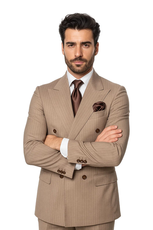 Suits With Baggy Pleated Pants - Wide Leg Pants 100% Wool - Classic Fit in Light Brown with Brown Pinstripe Color by Rossiman