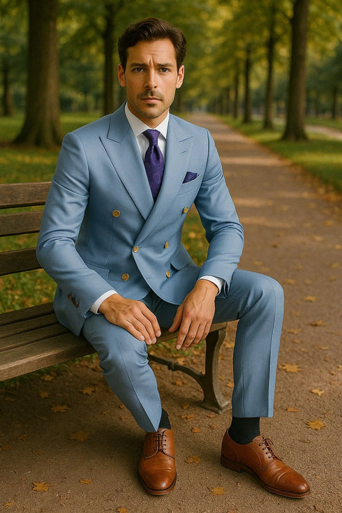 Mens Light Blue Double-Breasted Suits with Gold Button – Slim Fit 2-Piece Formal Set in Sky Blue Color