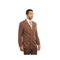 Light Brown Plaid Windowpane Double Breasted Peak Lapel