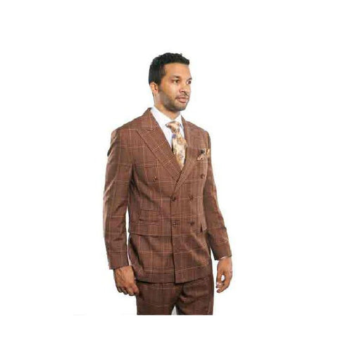 Light Brown Plaid Windowpane Double Breasted Peak Lapel