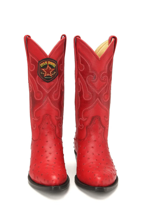 Los Altos Red Ostrich Quill J-Toe Cowboy Boots