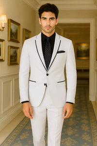 All White Mens Tuxedo - Wedding Suit - Mens Two Button Slim Fit Vested Prom Tuxedo Suit With Trim In White