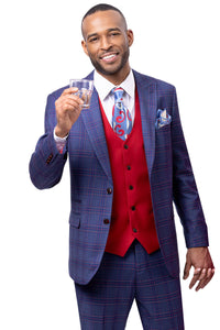 Men's Modern Fit Peak Lapel Contrasting Vest Suit in Navy Blue & Red Windowpane Plaid
