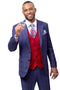 Men's Modern Fit Peak Lapel Contrasting Vest Suit in Navy Blue & Red Windowpane Plaid