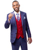 Men's Modern Fit Peak Lapel Contrasting Vest Suit in Navy Blue & Red Windowpane Plaid