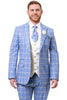 Men's Modern Fit Peak Lapel Contrasting Vest Suit in Light Blue Windowpane Plaid