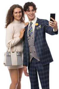 Men's Modern Fit Windowpane Plaid Suit with Paisley Double Breasted Vest in Navy Blue