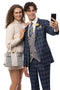Men's Modern Fit Windowpane Plaid Suit with Paisley Double Breasted Vest in Navy Blue