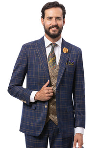 Men's Modern Fit Double Windowpane Plaid Suit with Paisley Vest in Navy Blue