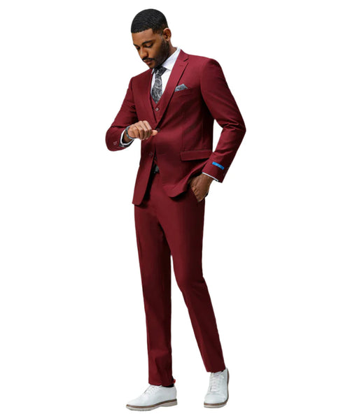 Men's Slim Fit Solid Burgundy 3 Piece Suit