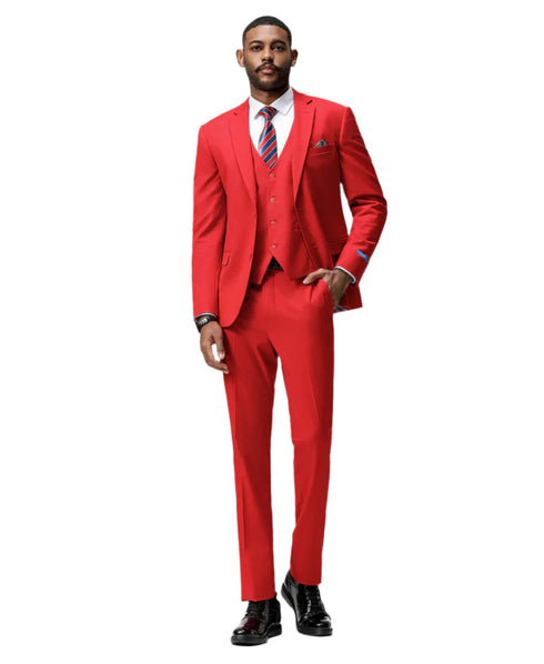 Men's Slim Fit Solid Red 3 Piece Suit