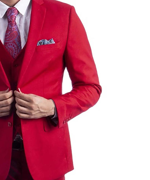 3 piece True Red Slim Fit Men's Suit with Vest Set
