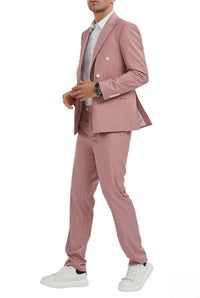 Men's Slim Fit Pink 2 Piece Double Breasted Pinstripe Suit