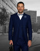 Mens 2 Button Classic Fit Pleated Pant Suit with Double Breasted Vest in Sapphire Blue