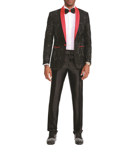 Black Slim Fit Blazer Floral Pattern Red Satin Shawl Collar