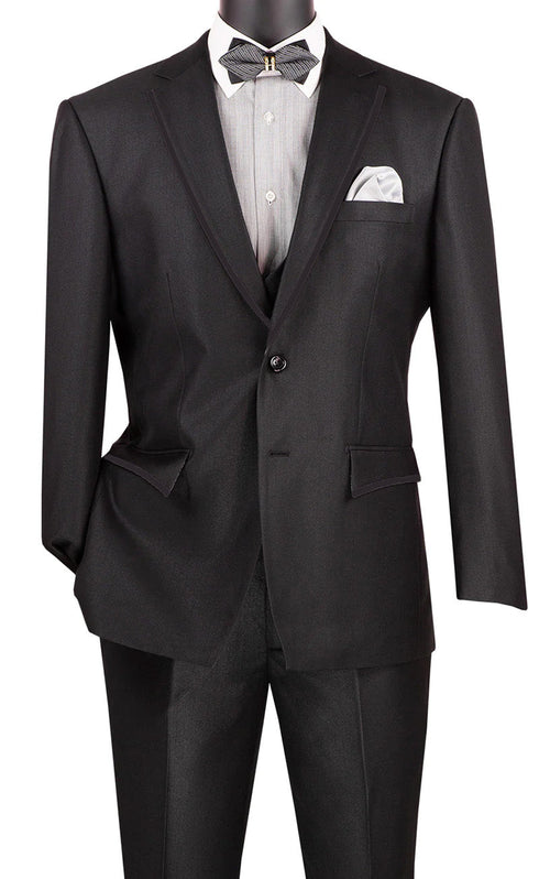 Birdseye Pattern Modern Fit 3 Piece Black Suit with Black Trim