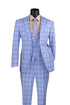 Modern Fit Windowpane Suit 3 Piece with U-Neck Vest in Light Blue