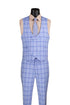Modern Fit Windowpane Suit 3 Piece with U-Neck Vest in Light Blue
