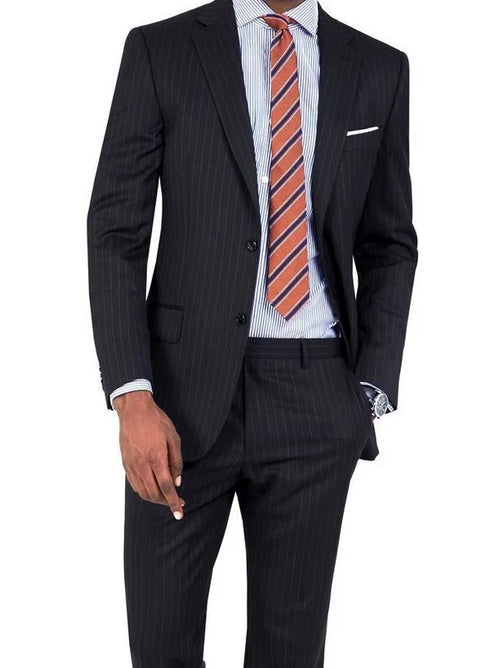Men's Modern Fit 2 Piece Wool Suit Pinstripe Black