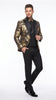 Men’s Black and Gold Floral Jacquard 3 Piece Suit, Modern Fit Tuxedo with Matching Bow Tie for Weddings and Prom
