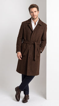 Men’s Dark Brown 100% Wool Gabardine Duster Overcoat, Classic Belted Long Winter Dress Coat