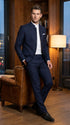 Men’s Navy Blue Mandarin Collar Suit, Dark Blue Banded Collar Formal Wedding Dress Suit
