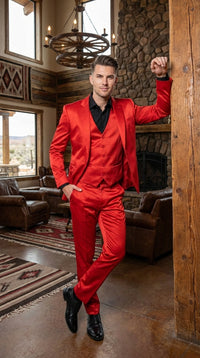 Men’s Red 3 Piece Slim Fit Shiny Satin Suit, Formal Wedding Prom Party Dress Suit