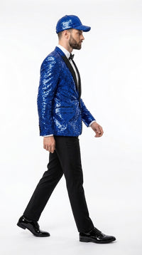 Men’s Royal Blue Sequin Suit, Shiny Metallic Stage Tuxedo Jacket and Pants for Groom and Prom