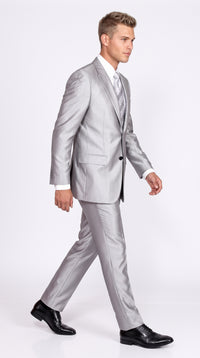 Men’s Silver Shiny Sharkskin Suit – 2 Button Peak Lapel Formal Suit with Flat Front Pants for Wedding, Prom & Party