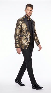 Men’s Black and Gold Floral Jacquard 3 Piece Suit, Modern Fit Tuxedo with Matching Bow Tie for Weddings and Prom