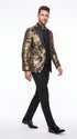 Men’s Black and Gold Floral Jacquard 3 Piece Suit, Modern Fit Tuxedo with Matching Bow Tie for Weddings and Prom