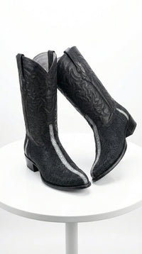 Los Altos Men's Black Stingray with Full Rowstone Finish Snip Toe Boots