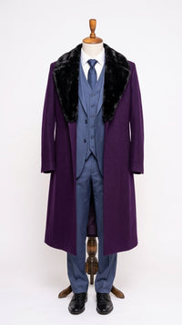 Men’s Purple Wool Overcoat, Long Winter Dress Topcoat with Black Fur Collar for Formal and Business Wear