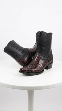 Men’s Black Cherry Caiman Tail Crocodile Boots, European Toe Exotic Western Dress Boots LAB-76B0118
