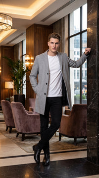 Men’s Light Grey Fitted Wool Peacoat – Modern Slim Cut Single-Breasted Coat