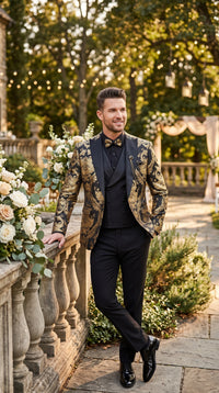 Men’s Black and Gold Floral Jacquard 3 Piece Suit, Modern Fit Tuxedo with Matching Bow Tie for Weddings and Prom