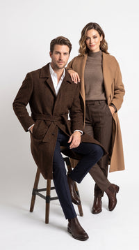 Men’s Dark Brown 100% Wool Gabardine Duster Overcoat, Classic Belted Long Winter Dress Coat