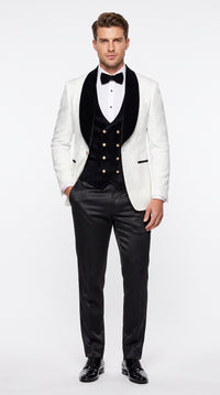 Marco Lorenzo Premium White Paisley 4 Piece Suit with Black Velvet Shawl Lapel and Matching Bow Tie