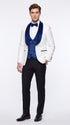 Marco Lorenzo Premium White Paisley 4 Piece Suit with Royal Blue Velvet Shawl Lapel and Matching Bow Tie